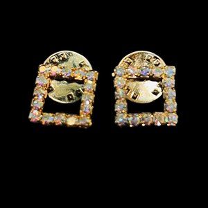 Vintage Pair Of Gold Tone And Aurora Borealis Rhinestone Square Lapel Pins (4960